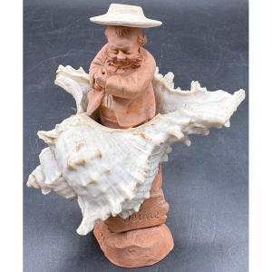 Terracotta Sculpture On A Shell, Circa 1900/20, By Collot Se