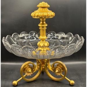 Large Baccarat Cut Blown Crystal And Gilt Bronze Bowl From The 1870s, French 