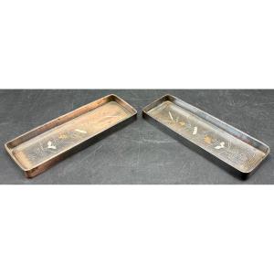 Pair Of Mini Trays In Patinated Bronze And Copperware Circa 1870 Chinese