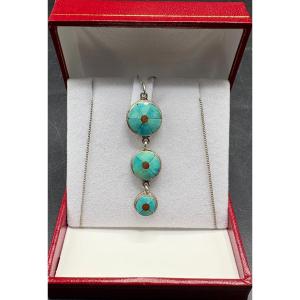 Sterling Silver Turquoise And Coral Pendant 1940s/50s Foreigner