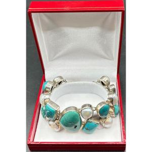 Sterling Silver Bracelet With Turquoise And Quartz Cabochons Circa 1980 European
