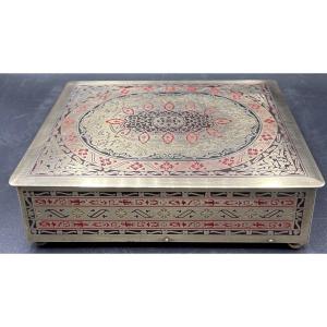 Engraved Enamelled Brass Box In Beechwood From The European 1920s