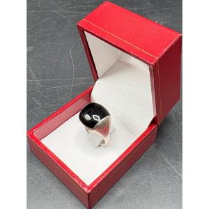 Unisex Solid Silver Ring With An Onyx Cabochon From The 1960s (french)