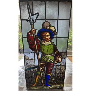 Swiss Stained Glass Cabinet Depicting A Halberdier