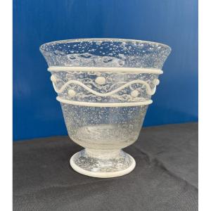 Art Deco Bubble Glass Vase With Applied White Decoration, Signed Daum Nancy, Circa 1925