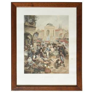 Color Print Alphonse Lamotte After Emile Bayard "a Market" 