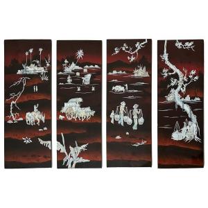 Set Of Four Panels Forming A Lacquer Painting Decorated With Mother-of-pearl Inlays