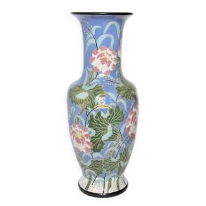 Large Enamelled Ceramic Vase With Floral Decoration (h=102.5 Cm)