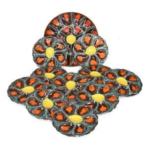 Vallauris Ceramic Oyster Service Including A Dish And 10 Plates