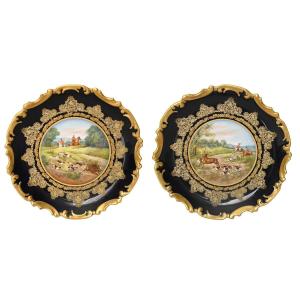 Pair Of Limoges Porcelain Dishes Decorated With Hunting Scenes Painted By Abel Golse