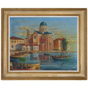 G. Eckert Oil On Canvas “basilica Of Our Lady Of Victory Of Saint-raphaël And The Boats