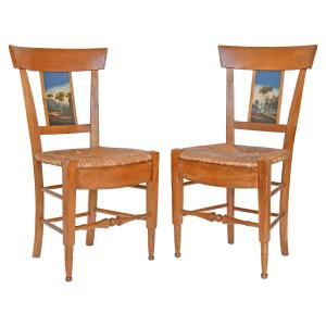 Pair Of Chairs With Barrette Backs And Bands Painted With Animated Landscapes