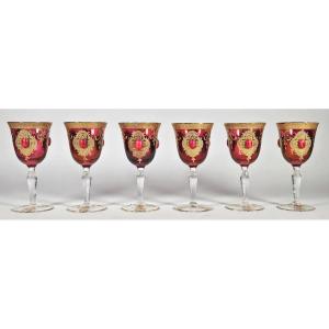 Set Of 6 Stemmed Glasses In Colorless And Red-tinted Glass, Gold