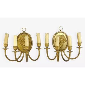 Pair Of 4-light Wall Lights In Gilded Brass With Relief Decoration Of A Bacchus Mask
