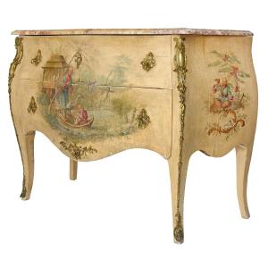Louis XV Style Chest Of Drawers In Lacquered Wood With Chinese Decoration 