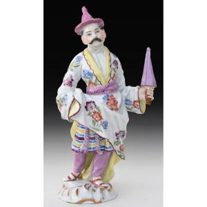 Porcelain Statuette Representing An Early Asian Man Holding An Umbrella 