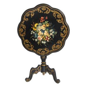 Napoleon III Period Pedestal Table In Blackened Wood With Painted Decoration Of A Bouquet Of Flowers