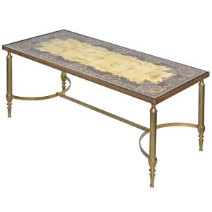 Coffee Table In Gilded Brass And Mirrored Glass Top With Gold Leaf églomisé