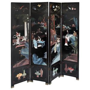 Four-leaf Screen In Lacquered Wood With Coromandel Decoration 