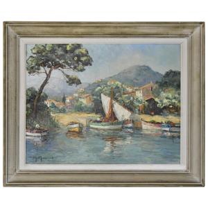 G. Marchand (20th Century) Oil On Canvas "mediterranean Landscape" 