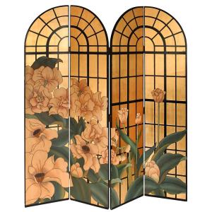 A Four-panel Lacquered Screen Decorated With A Floral Scene On A Gold Background.