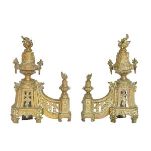 Pair Of Gilt Brass Andirons Decorated With Louis XVI Style Fire Pots  