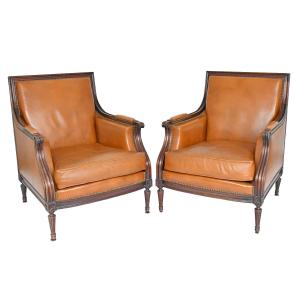 Pair Of Large Louis XVI Style Bergère Armchairs 