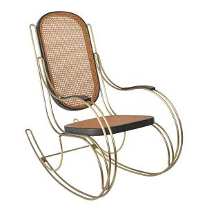 Modernist Rocking Chair In Gilt Brass And Caning  