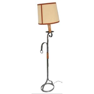 Wrought Iron And Leather Floor Lamp In The Style Of Jean-pierre Ryckaert From The 1950s