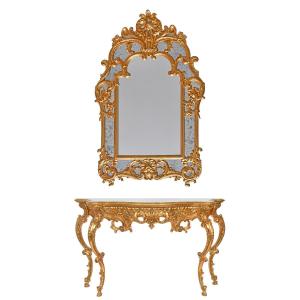 Rococo Style Console Table With Mirror In Gilded Wood 