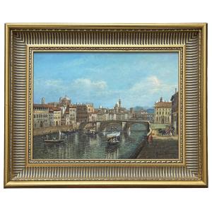 Oil On Panel "the Arno At The Santa Trinita Bridge" After Giuseppe Zocchi