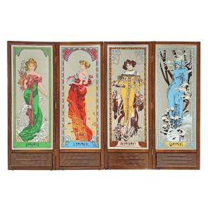 Screen With A Silkscreened Mirror Design Depicting The 4 Seasons After Alfons Mucha