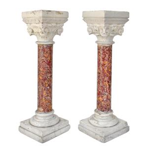 Pair Of Brocatelle Marble And Stone Columns With Corinthian Capitals