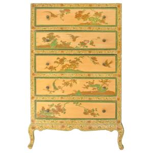 Wooden Chest Of Drawers Painted With Floral And Bird Motifs In Chinoiserie Style