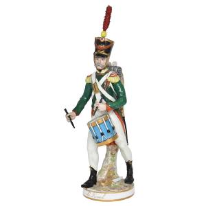 Porcelain Statuette Of A Soldier With A Napoleonic Army Drum.