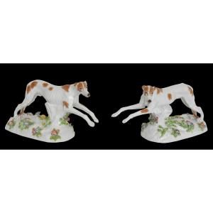 Pair Of Porcelain Statuettes By Samson Representing Two English Greyhounds.