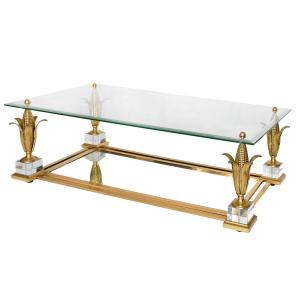 Gilded Brass And Glass Coffee Table With Corncob Decoration