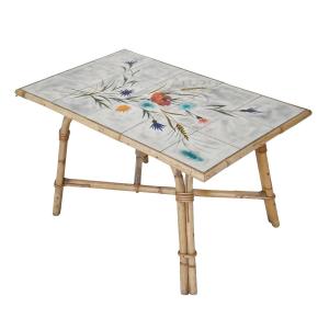 Coffee Table In The Audoux Minnet Style In Rattan And Ceramic By Georges Chassin