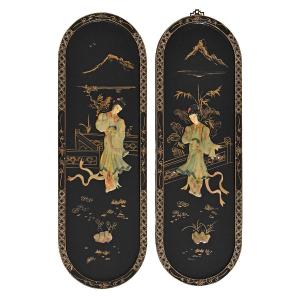 Pair Of Lacquered Wood Panels Decorated With Hard Stone Inlays Of Geishas