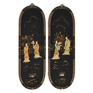 Pair Of Lacquered Wood Panels Decorated With Hard Stone Inlays Of Geishas