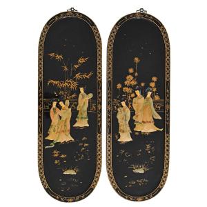 Pair Of Lacquered Wood Panels Decorated With Hard Stone Inlays Of Geishas