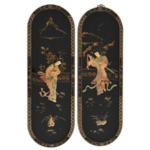 Pair Of Lacquered Wood Panels Decorated With Hard Stone Inlays Of Geishas