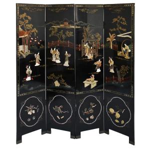Four-leaf Chinese Screen In Lacquered Wood And Hardstone Inlays