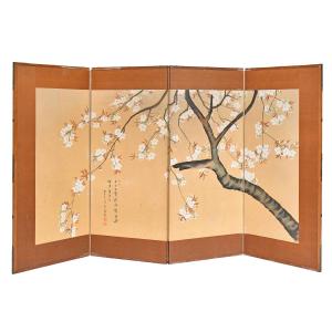 Four-panel Japanese Byobu Screen Depicting A Cherry Blossom Branch