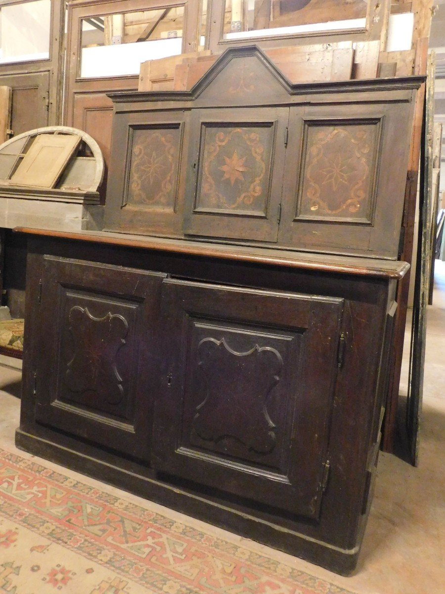 Antica credenza in noce con intarsi, con cassettiera e placard, epoca '700 italia-photo-2