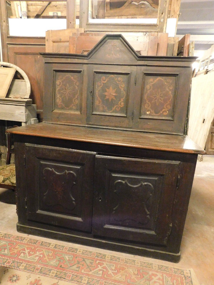 Antica credenza in noce con intarsi, con cassettiera e placard, epoca '700 italia-photo-5