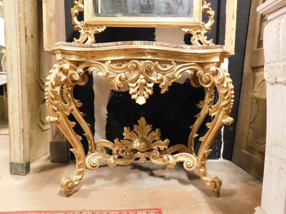Consolle con specchiera in legno dorato e scolpito a decori floreali, piano in marmo rosso, napoli-photo-3