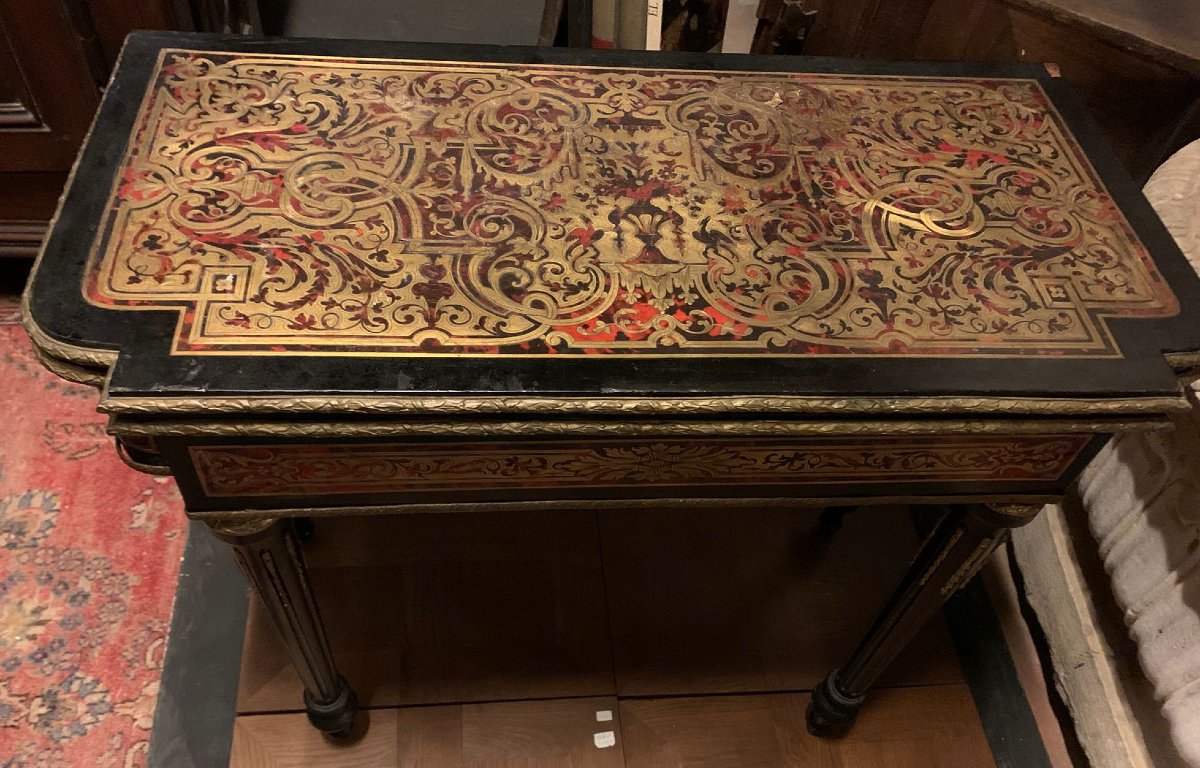 Tavolo da gioco Boulle con piano apribile, intarsi in ottone e tartaruga, epoca '800-photo-3