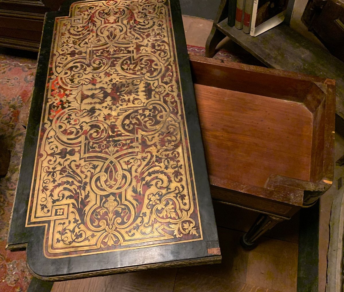 Tavolo da gioco Boulle con piano apribile, intarsi in ottone e tartaruga, epoca '800-photo-4