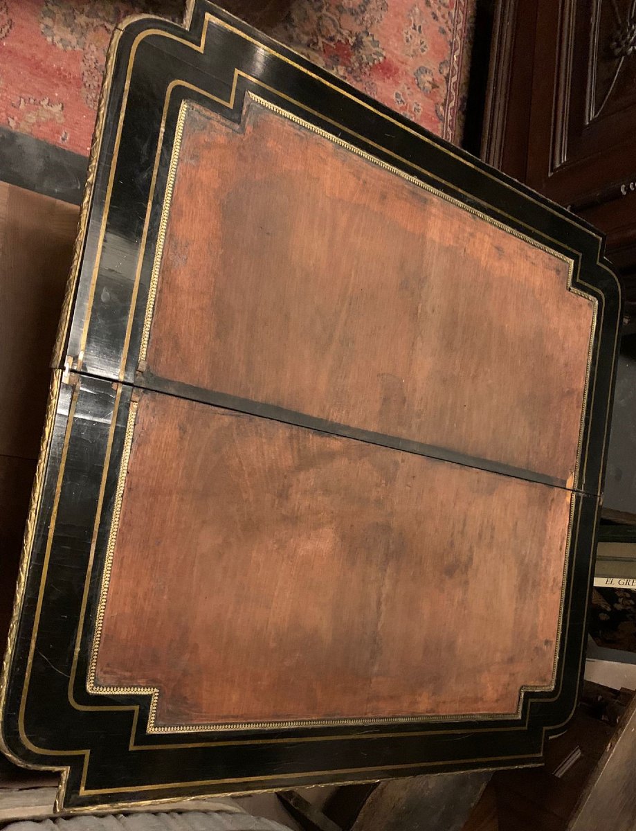 Tavolo da gioco Boulle con piano apribile, intarsi in ottone e tartaruga, epoca '800-photo-1